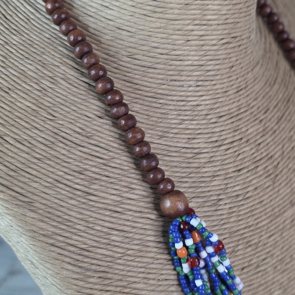 Handmade Multi-Strand Beads Wood Necklace Boho Colorful Artisan Statement 15" - Picture 6 of 7